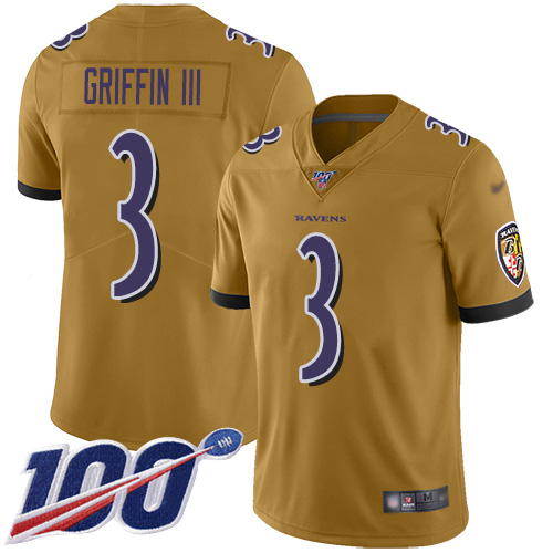Baltimore Ravens Limited Gold Men Robert Griffin III Jersey NFL Football #3 100th Season Inverted Legend->youth nfl jersey->Youth Jersey
